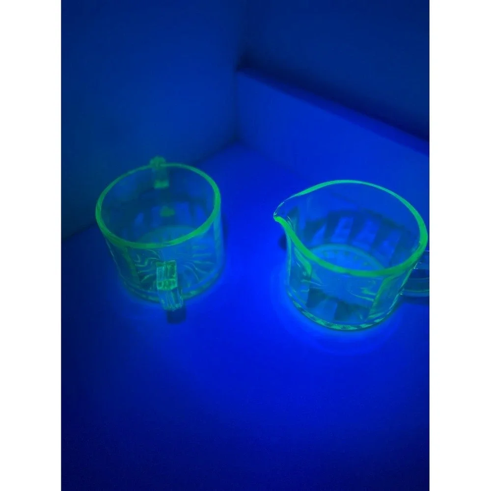 Vintage Uranium Glass Creamer and Sugar Bowl Set Paneled Starburst UV Reactive